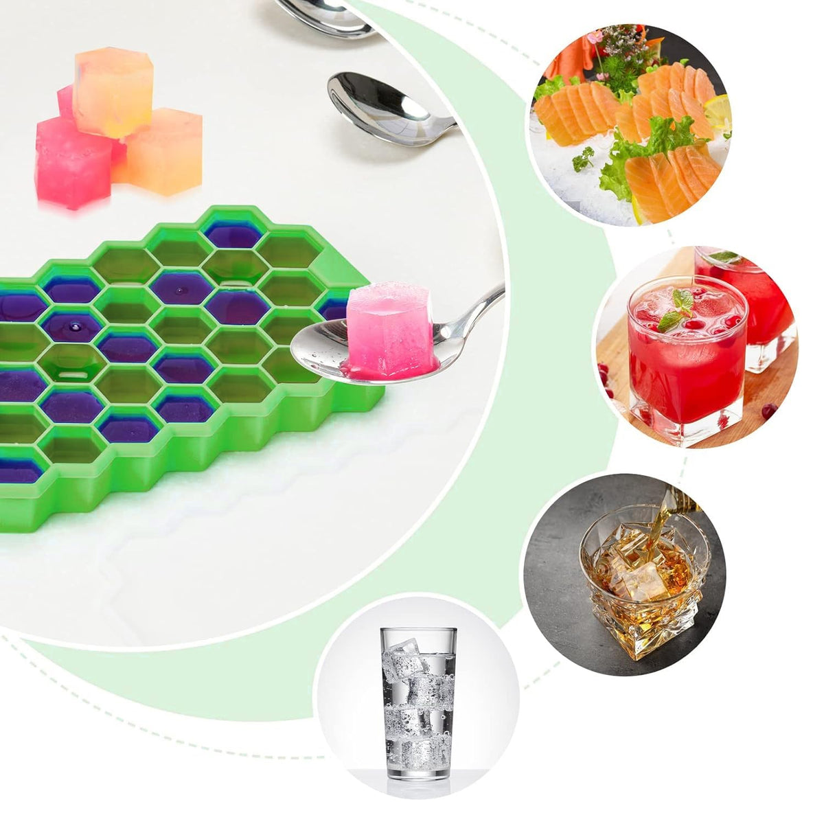 Kitchen4U Silicone Ice Cube Tray, Molds, Easy-Release and Flexible 37 Ice cubes, for Whiskey Cocktail, Stackable and Safe Ice Cube Honeycomb Small Cubes Fridge Bar Soft. Tray set of 2pcs